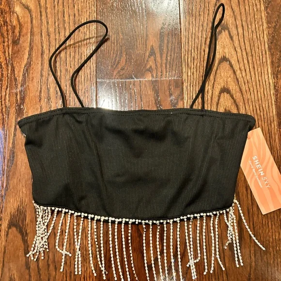 SHEIN Black Rhinestone Fringe Crop Tank - Picture 3 of 5
